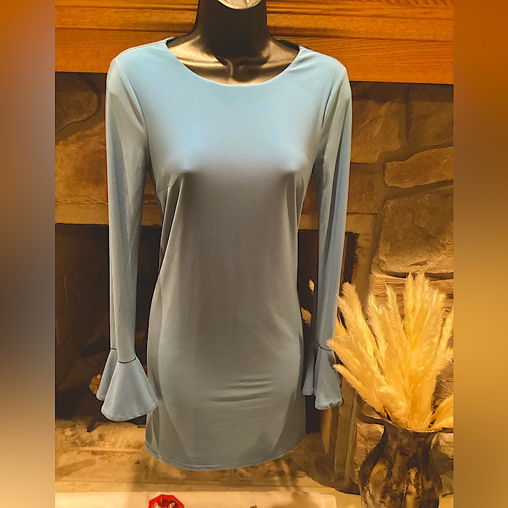 CYNTHIA STEFFE CECE BLUE GRAY LONG SLEEVE FLARED SHIFT DRESS SZ.XS